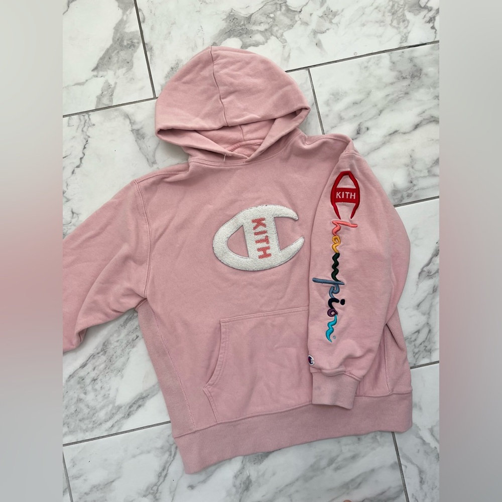 SOLD OUT KITH x Champion Pink Hoodie Sweatshirt w Chenille Patch, Embroidery S-M